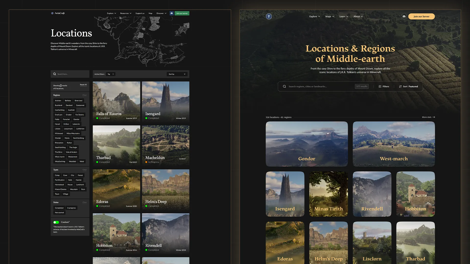 Before/after comparison of the locations page: the old utilitarian interface on the left, the new immersive gold-accented version on the right