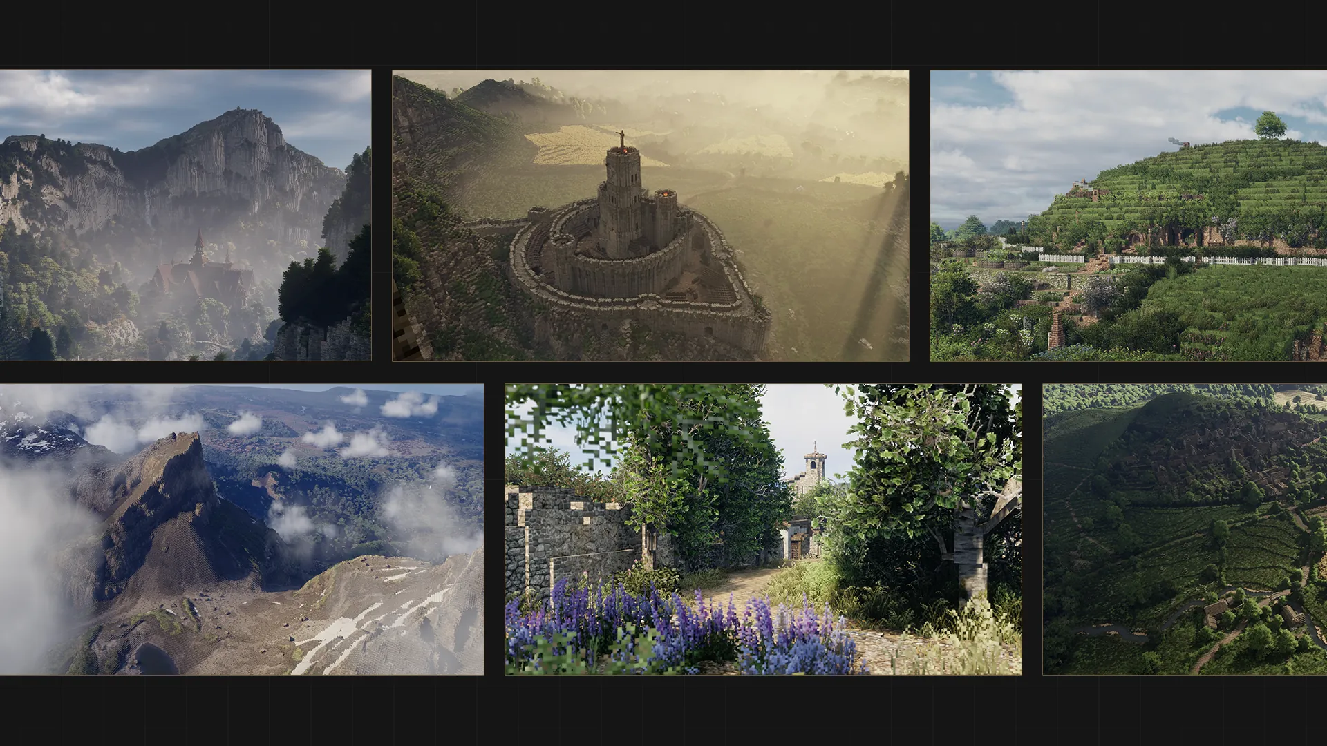 Six panoramas of Middle-earth recreated in ArdaCraft: cultivated Shire fields, misty hills, cliffs, a flowering village and a fortified watchtower