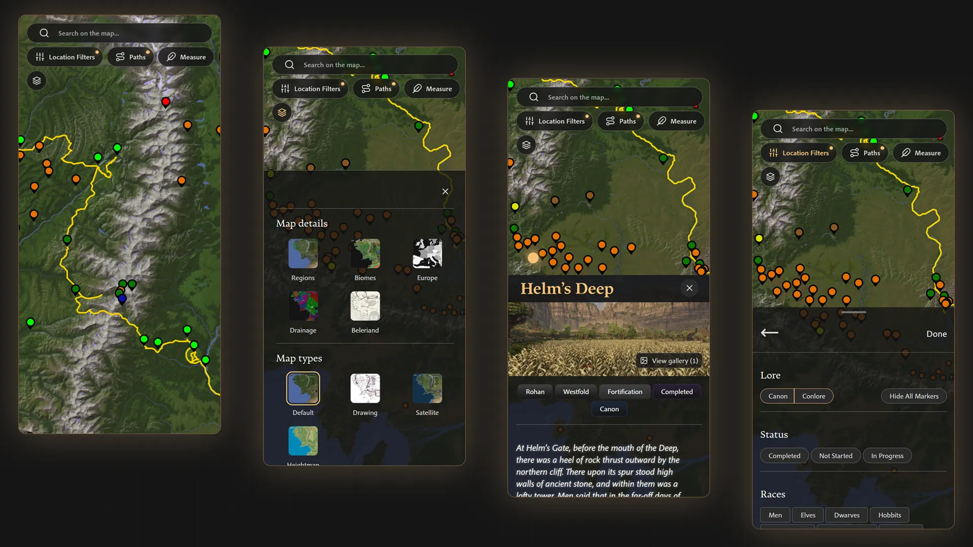 Several mobile screens of ArdaCraft's interactive map, showing the features kept on smartphones